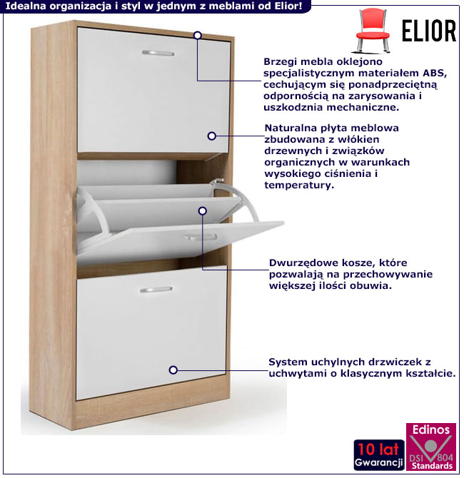 Skandynawska wysoka szafka na buty Hilioks 4X biały + naturalny