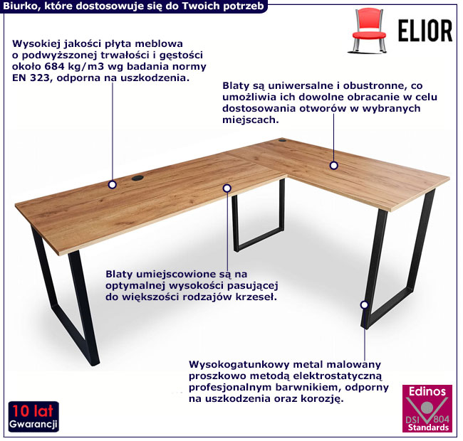 Duże narożne biurko loftowe Verdot 120x180x60