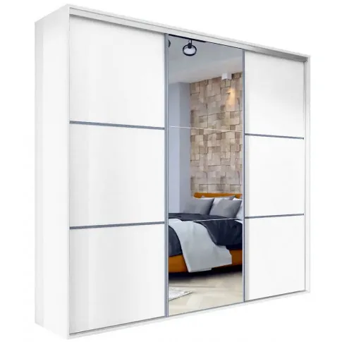 Zdjęcie produktu Biała przesuwna szafa do sypialni z lustrem 275 cm - Estori 6X.