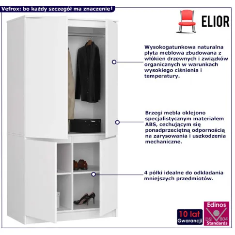 4 drzwiowa szafa z półkami i drążkiem Vefrox kolor biały