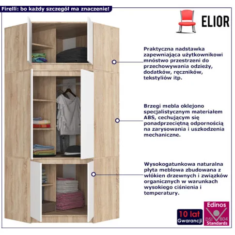 Szafa narożna z drążkiem i półkami Firelli kolor dąb sonoma+biały