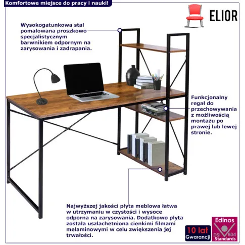 Metalowe biurko pod laptopa z regałem Tiguan postarzany dąb