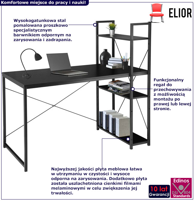 Czarne industrialne biurko z regałem Rony