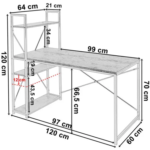 Wymiary metalowego biurka z regałem w stylu loft Tiguan
