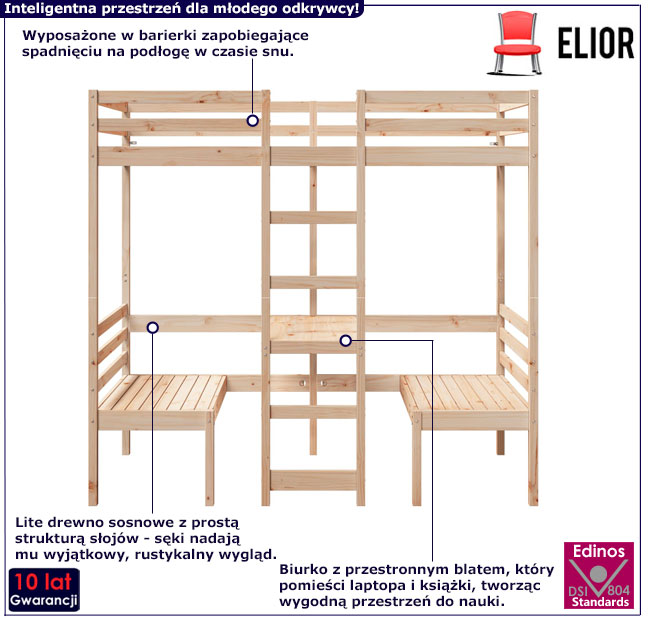 Piętrowe łóżko z biurkiem Salto 3X naturalny