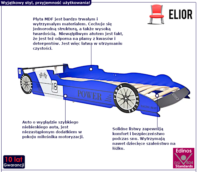 Niebieskie łóżko dziecięce w kształcie auta Dina