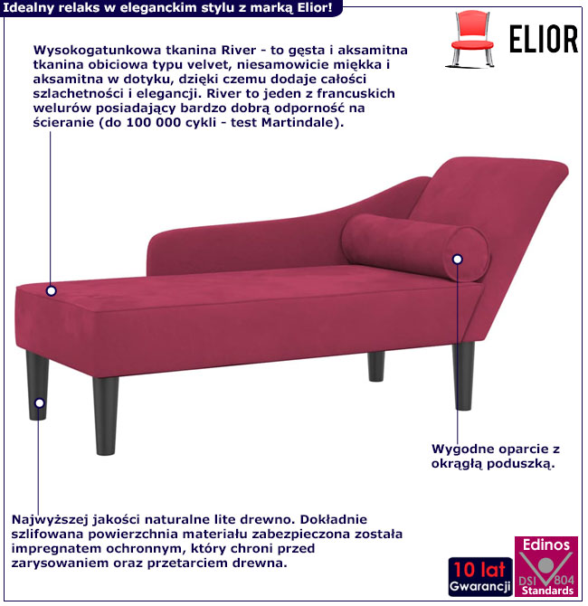 Bordowa welurowa leżanka szezlong do sypialni Aventis