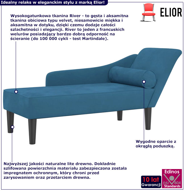 Niebieska welurowa leżanka szezlong do sypialni Aventis