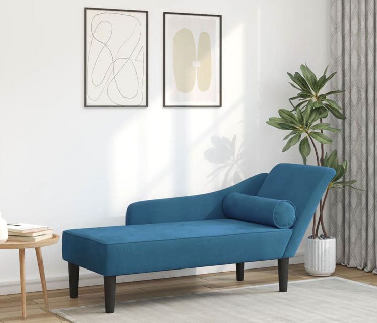 Wizualizacja niebieskiego szezlonga welurowego z poduszką Aventis