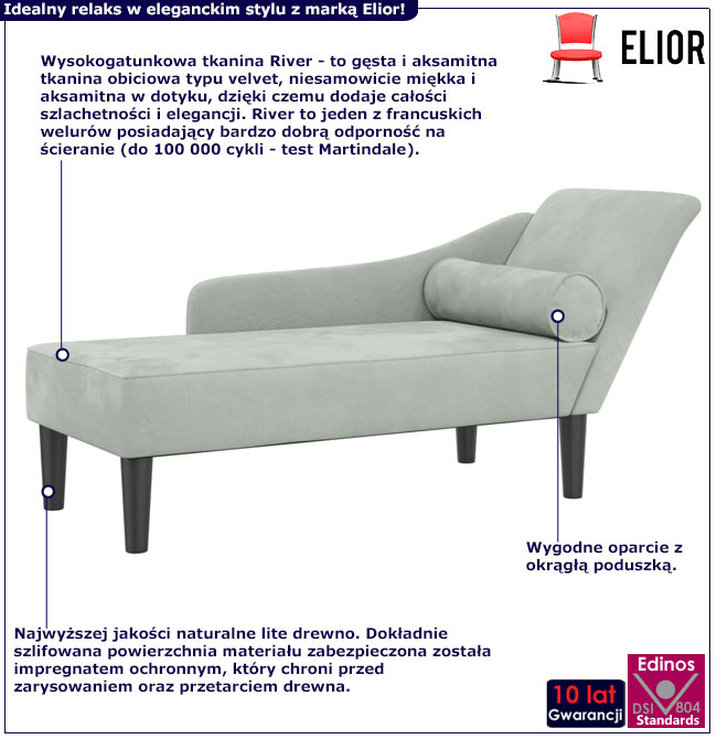 Jasnoszara welurowa leżanka szezlong do sypialni Aventis