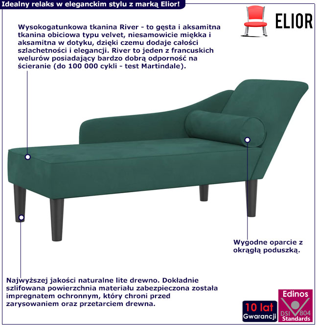 Ciemnozielona welurowa leżanka szezlong do sypialni Aventis