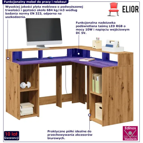 Narożne biurko komputerowe z nadstawką Erkus dąb artisan
