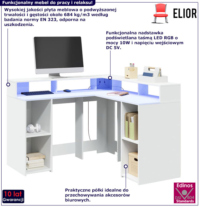 Białe narożne biurko gamingowe LED Relond