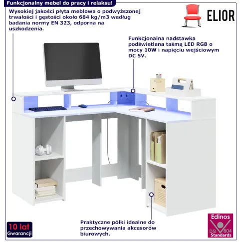 Białe narożne biurko komputerowe z LED Erkus