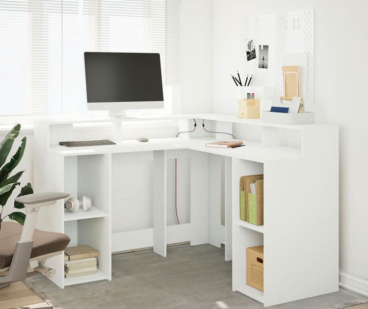 Pokój z wykorzystaniem białego narożnego biurka gamingowego Relond