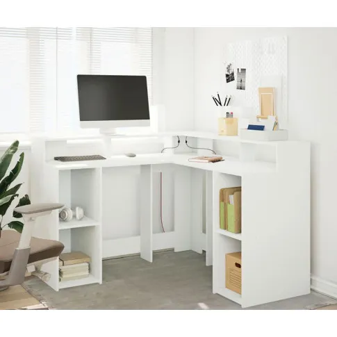 Biale narożne biurko pod laptopa z półkami Erkus wizualizacja