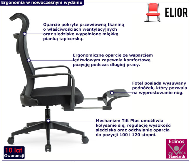 Czarny fotel ergonomiczny z podnóżkiem Kevo