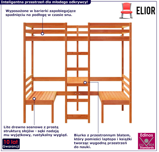 Piętrowe łóżko z biurkiem Kerbi 4X brązowy