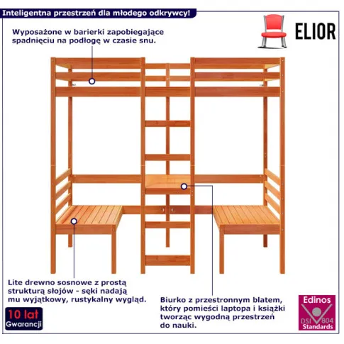 Brązowe łóżko sosnowe z biurkiem Devrix 5X