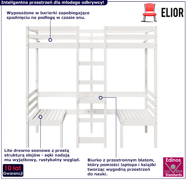 Piętrowe łóżko z biurkiem Devrix 6X biały