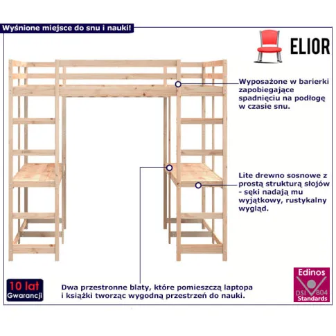 Sosnowe łóżko piętrowe z biurkiem Kortul 5X