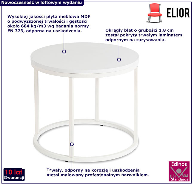 Biały okrągły stolik na metalowej podstawie Figo 3X
