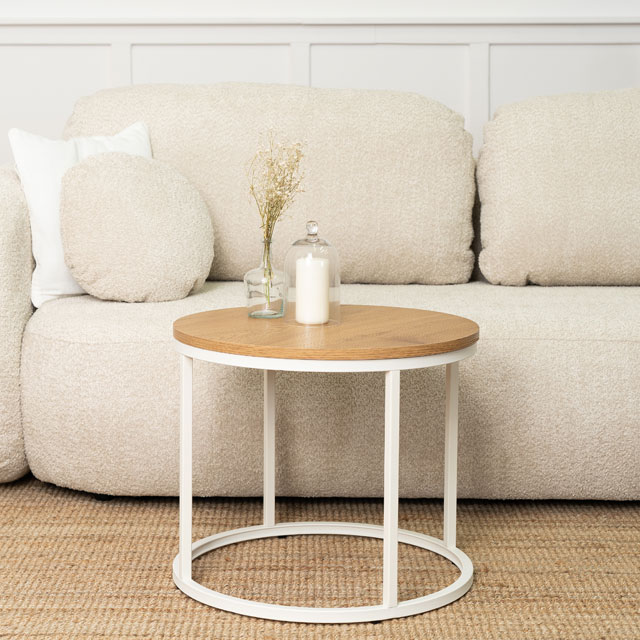 Loftowy stolik z okrągłym blatem Figo 3X biały+dąb