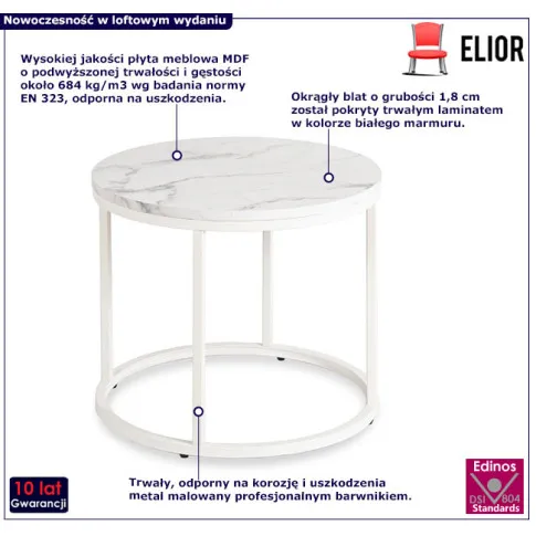 Industrialny stolik kawowy biały marmur Evin 3X