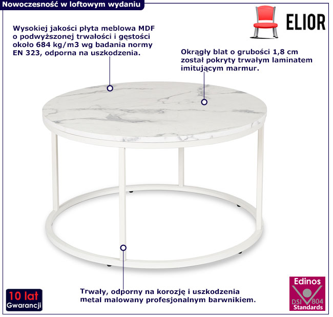 Biały okrągły stolik na metalowej podstawie Figo 4X imitacja marmuru