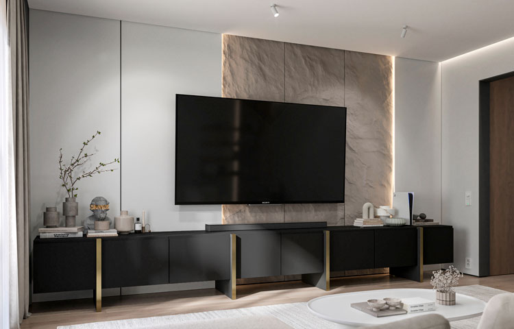 Salon w stylu glamour z wykorzystaniem zestawu 2 szafek RTV Mosi 4X czerń