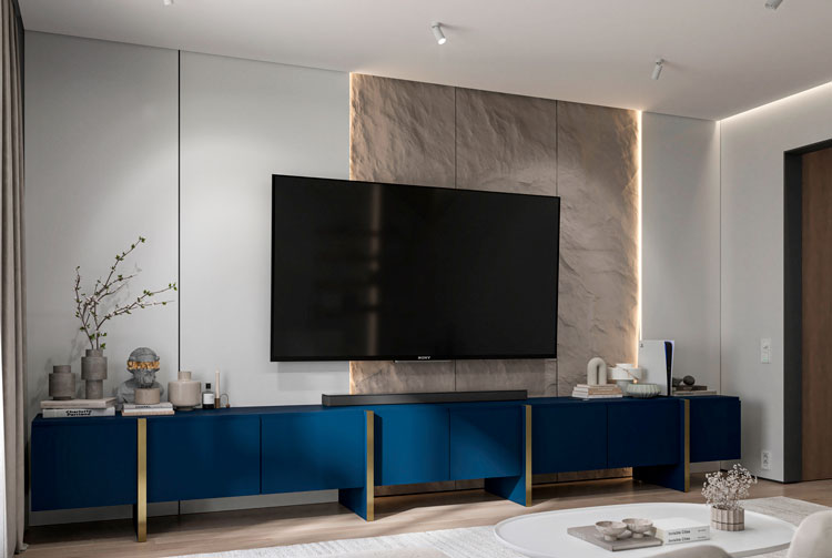 Salon w stylu glamour z wykorzystaniem zestawu 2 szafek RTV Mosi 4X granat