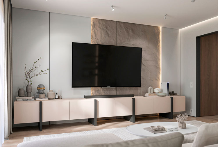 Salon w stylu glamour z wykorzystaniem zestawu 2 szafek RTV Mosi 4X kaszmir