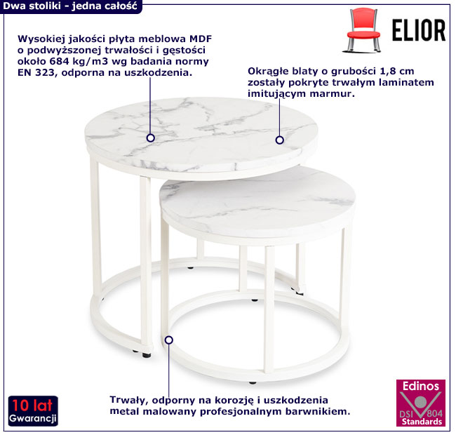 Zestaw dwóch okragłych stolików kawowych Ertol 3X - biały marmur