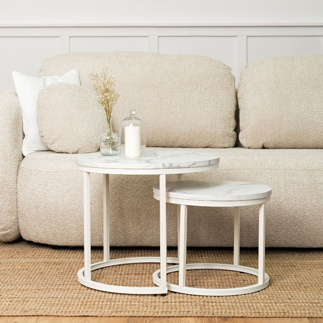 Biały komplet stolików do salonu w stylu loft z imitacja marmuru Ertol 3X