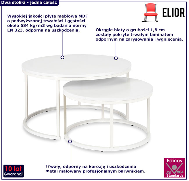 Zestaw dwóch białych okrągłych stolików kawowych Ertol 4X