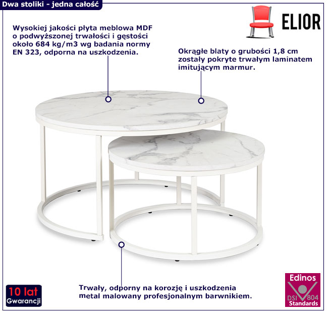 Zestaw dwóch okrągłych stolików kawowych Ertol 4X - biały marmur