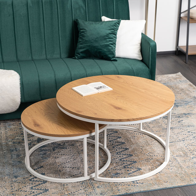 Biały komplet stolików do salonu w stylu loft Panda 4X - biały+dąb