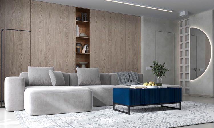 Salon nowoczesny z wykorzystaniem granatowej ryflowanej ławy kawowej Filo 11X