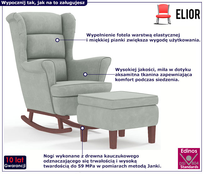 Jasnoszary bujany fotel tapicerowany z podnóżkiem Marbel