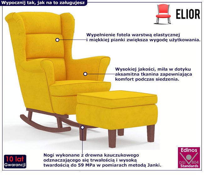 Żółty bujany fotel tapicerowany z podnóżkiem Marbel