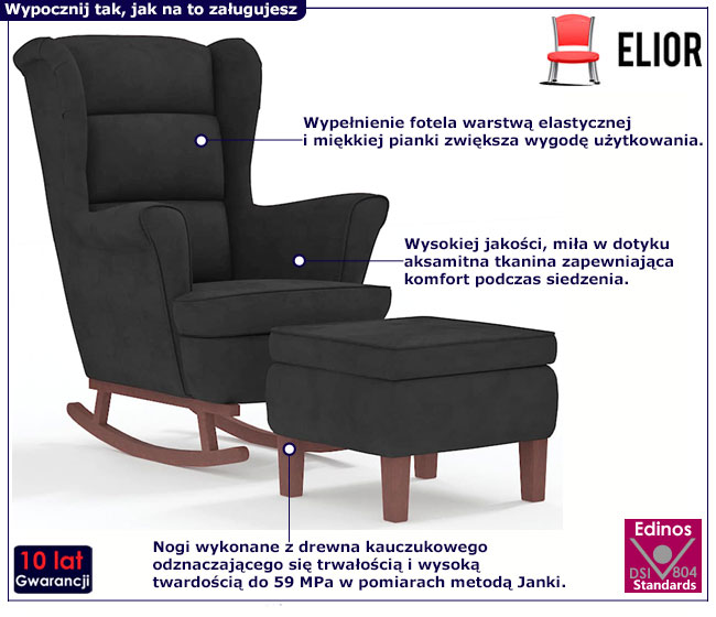 Czarny bujany fotel tapicerowany z podnóżkiem Marbel