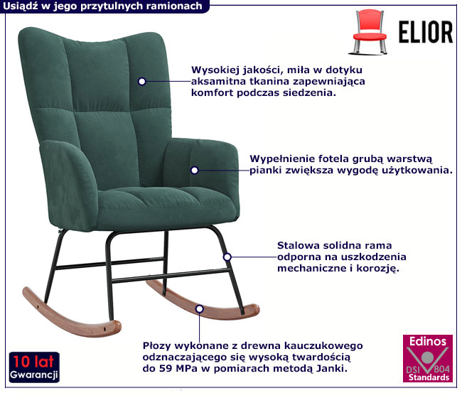 Ciemnozielony bujany fotel pikowany Enila