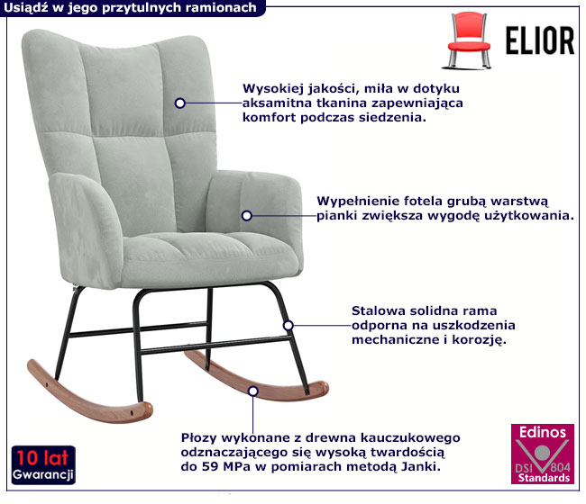 Jasnoszary bujany fotel pikowany Enila