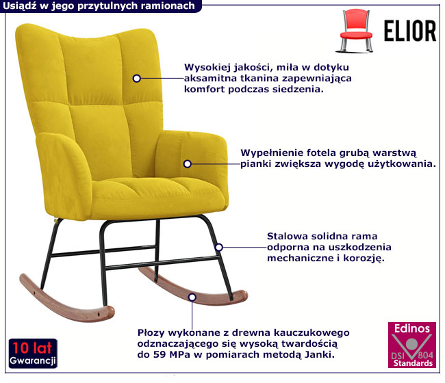 Musztardowy bujany fotel pikowany Enila
