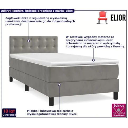 Tapicerowane jasnoszare łóżko z materacem Fibero 4X