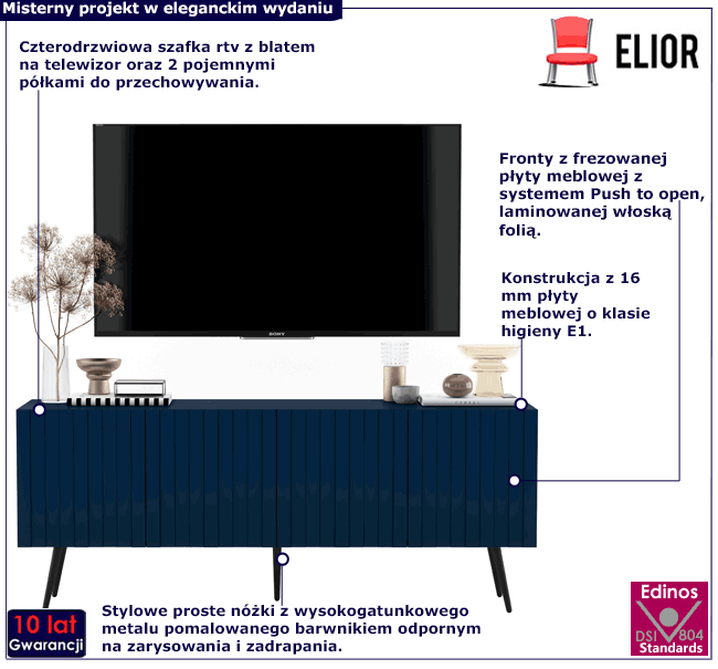 Granatowa ryflowana szafka RTV pod nóżkach Filo 13X
