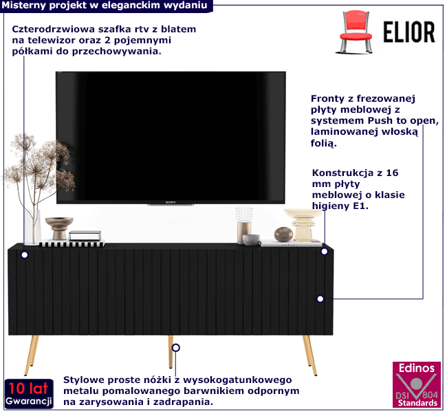 Czarna ryflowana szafka RTV pod złotych nóżkach Filo 14X