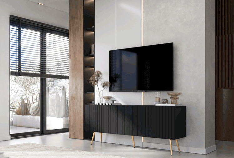 Salon z wykorzystaniem czarnej ryflowanej szafki RTV Filo 14X