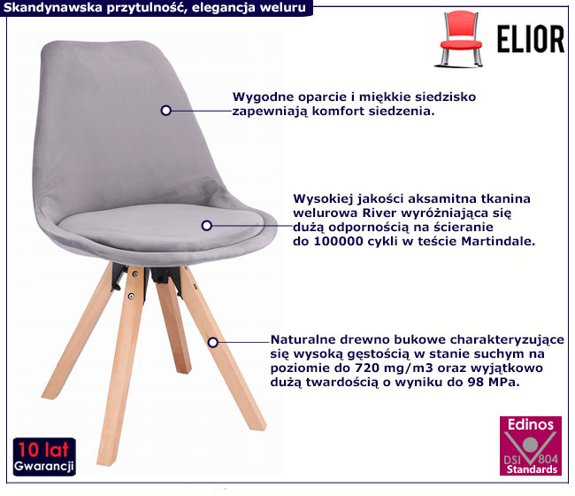 Szare skandynawskie welurowe krzesło Timar