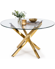Okrągły szklany stół na złotej podstawie glamour - Amira w sklepie Edinos.pl
